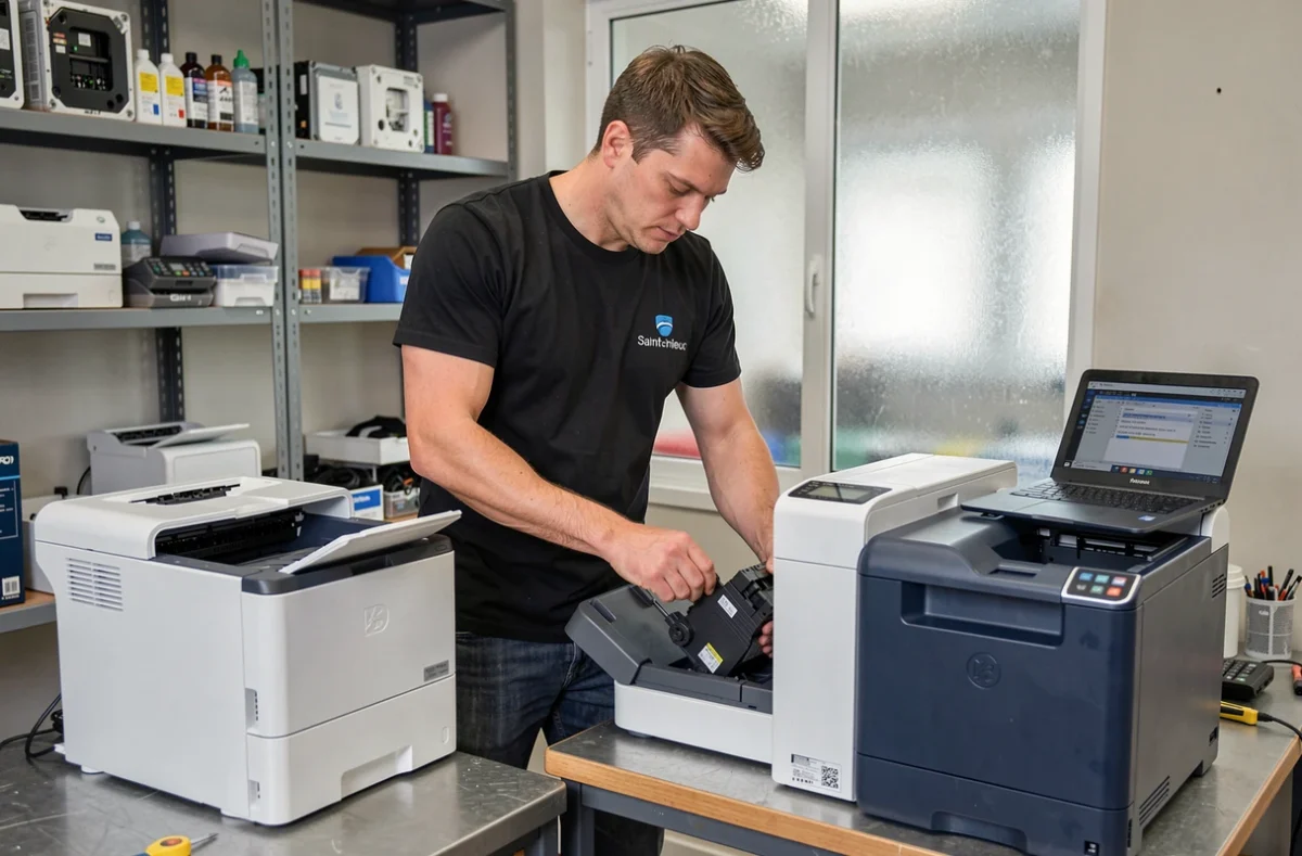 Technicien d'Aapy Informatique réparant une imprimante laser dans l'atelier de Saint-Brieuc