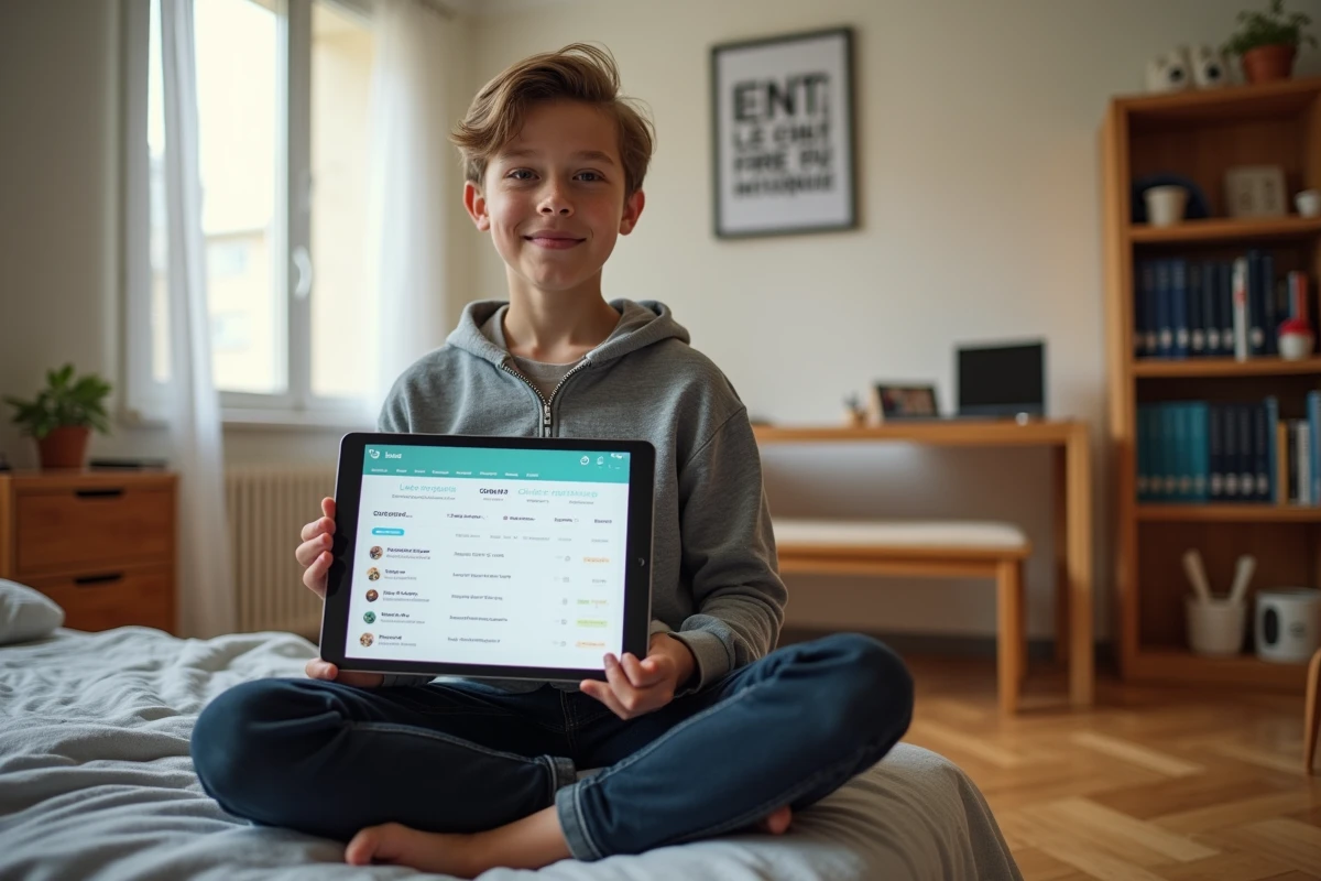 Adolescent accédant à ses cours en ligne via l'ENT Paris Classe Numérique sur une tablette depuis sa chambre