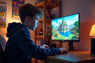 Adolescent jouant à un mod Minecraft Pokémon sur son ordinateur dans sa chambre gaming