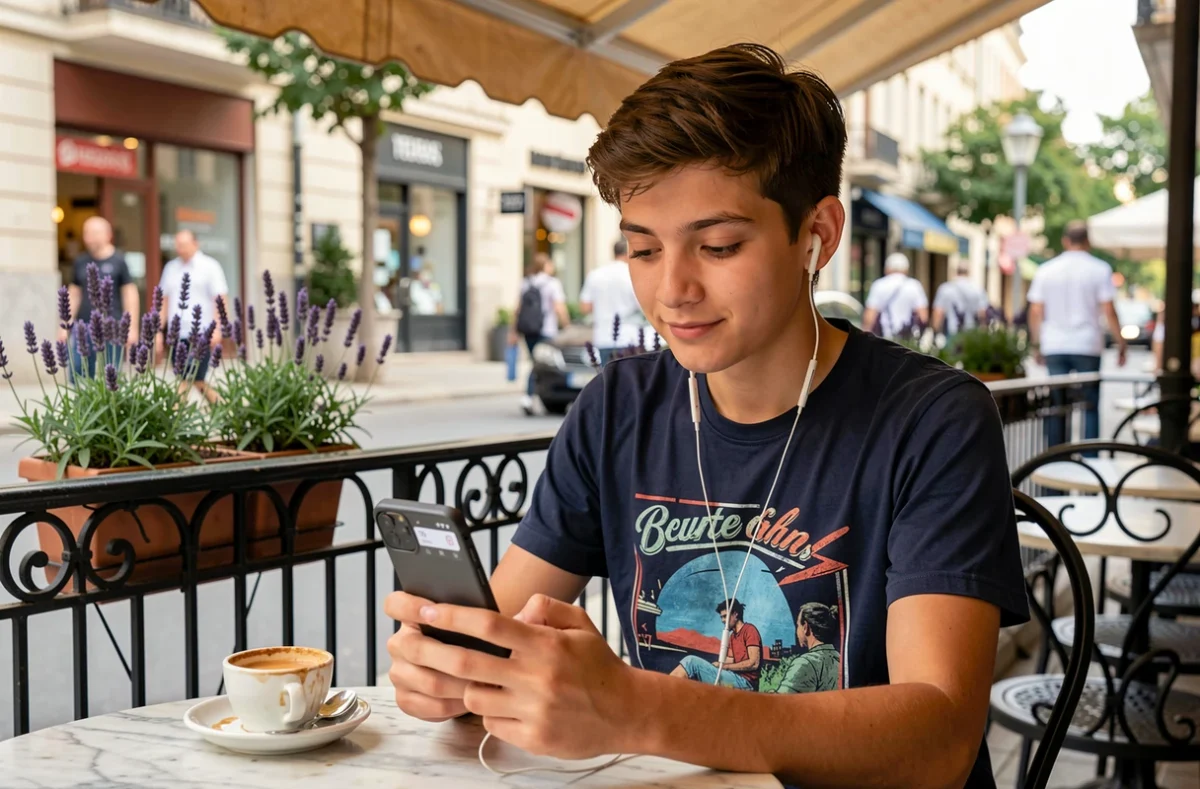 Adolescent consultant les réseaux sociaux sur un smartphone entrée de gamme en terrasse de café