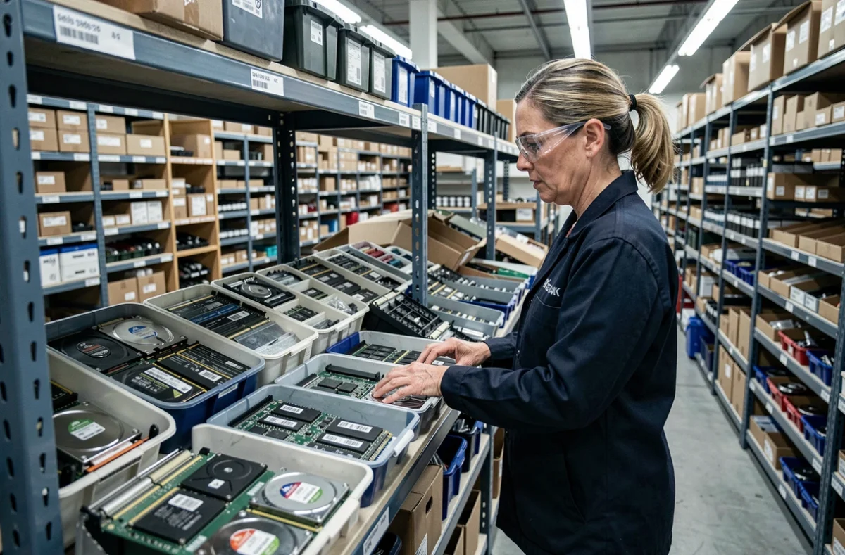 Technicienne d'ADRES Informatique organisant des pièces détachées informatiques dans un dépôt professionnel