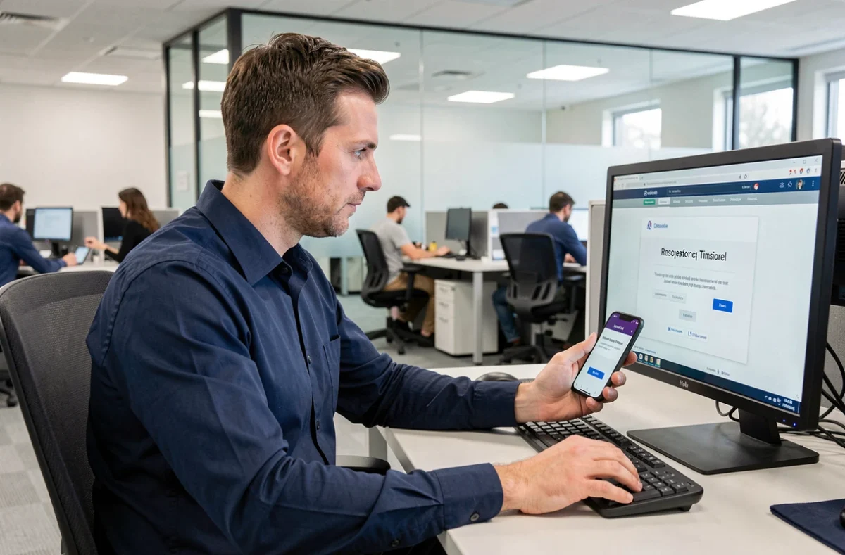 Agent administratif universitaire face à un portail en ligne indisponible sur ordinateur et smartphone au bureau