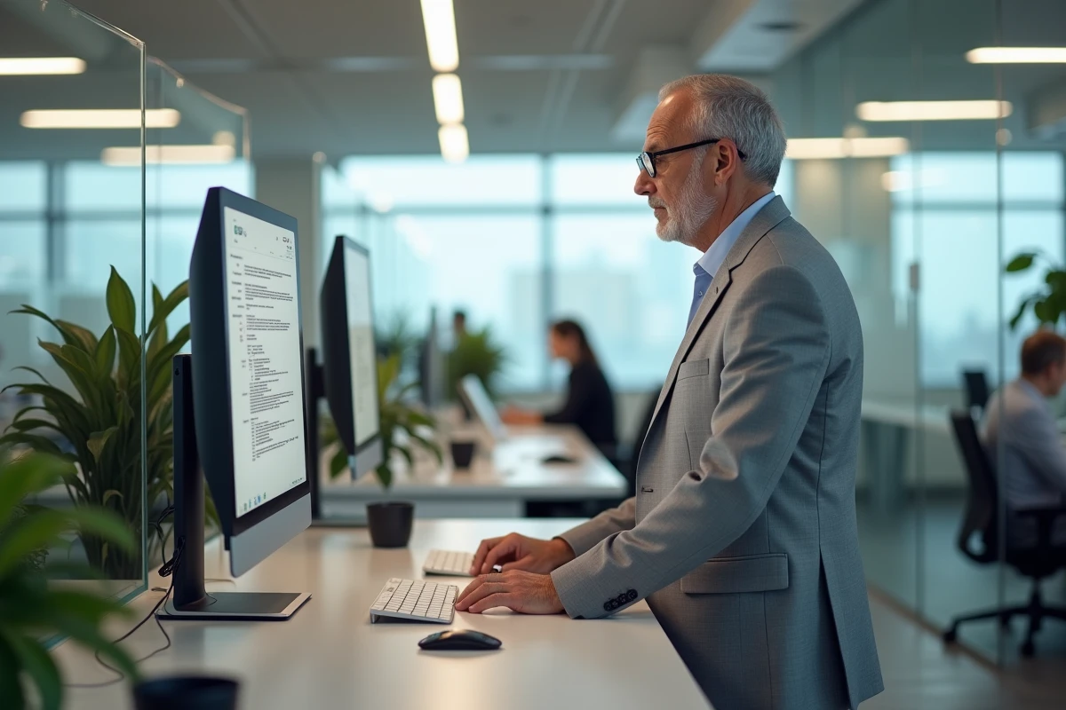 Agent administratif consultant des emails sécurisés sur poste fixe dans un open space de la fonction publique