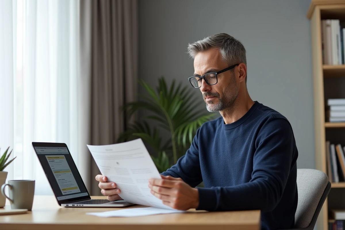 Un chef de produit analyse un document de découpage fonctionnel feature by feature à son bureau à domicile avec un backlog ouvert sur ordinateur