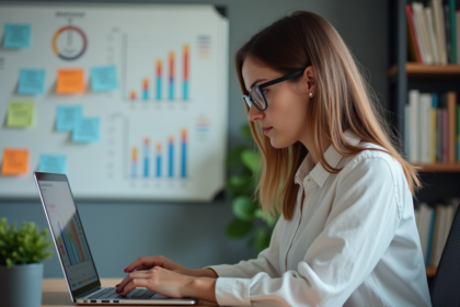 Femme analysant des données SEO sur un ordinateur au bureau