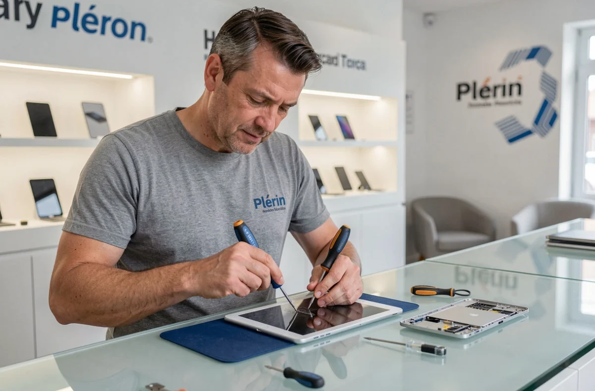 Spécialiste de l'Atelier de Réparation Hi-Tech démontant une tablette sur le comptoir de réparation à Plérin