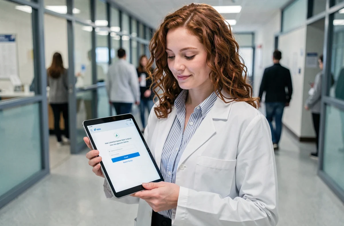 Jeune chercheuse consultant le portail de messagerie INRAE sur une tablette dans un couloir universitaire