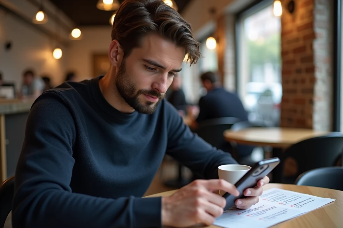 Homme consultant l'iPhone 15 Pro dans un café urbain avec un guide de comparaison imprimé