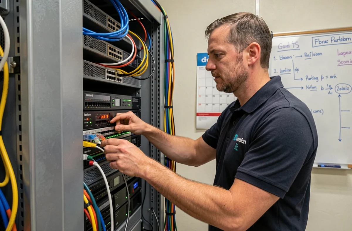 Technicien d'Axe Info configurant un rack serveur dans ses locaux de services informatiques à Lannion