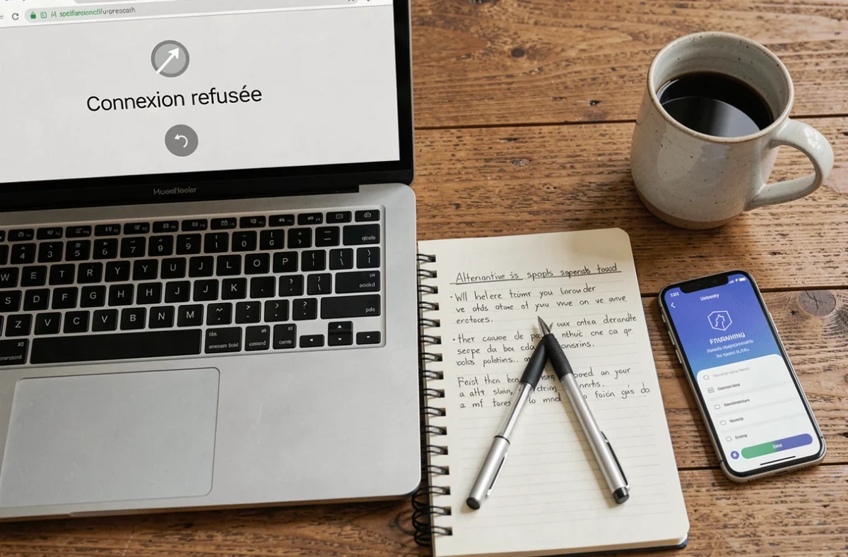 Vue aérienne d'un bureau avec ordinateur affichant une erreur de connexion et notes manuscrites de solutions alternatives