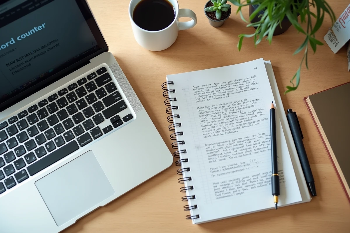Vue aérienne d'un bureau étudiant avec un compteur de mots ouvert sur ordinateur et des notes manuscrites