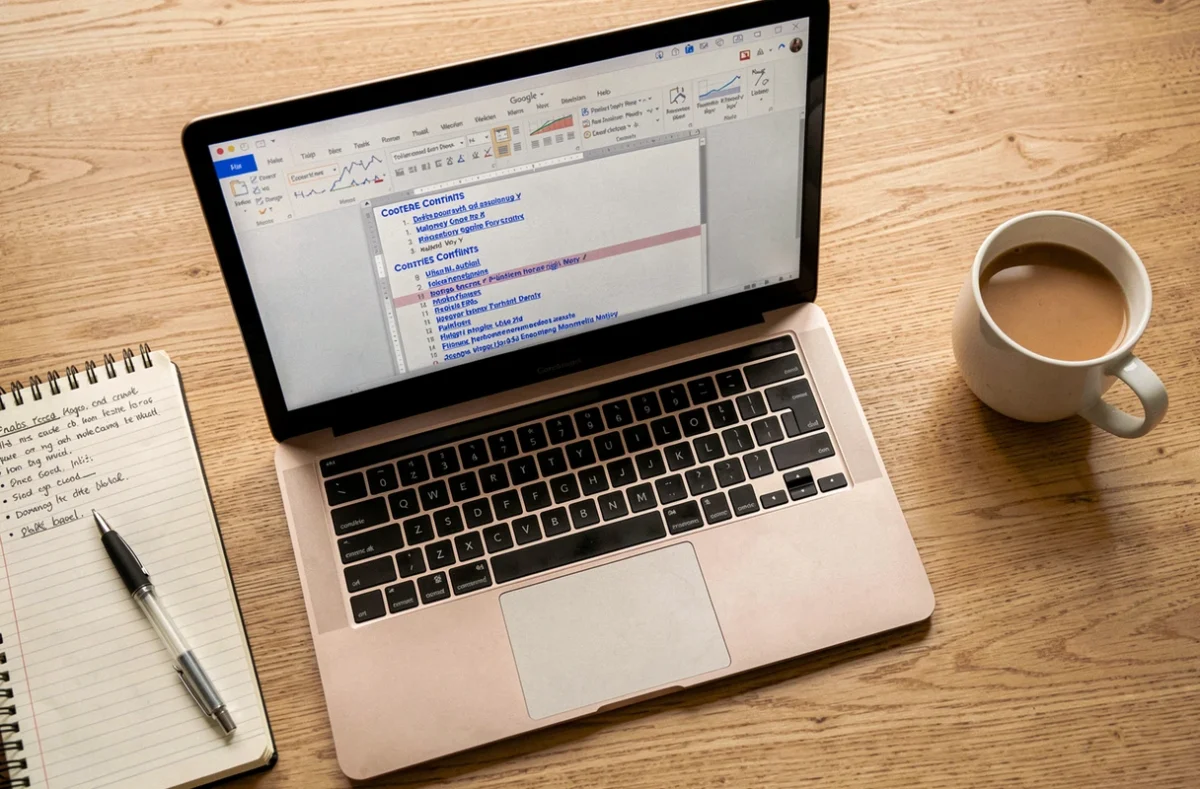 Vue aérienne d'un bureau avec un laptop affichant une table des matières Google Docs avec liens cliquables, un carnet de notes et un café