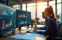 Espace de travail moderne avec deux collègues analysant des graphiques colorés