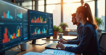 Espace de travail moderne avec deux collègues analysant des graphiques colorés