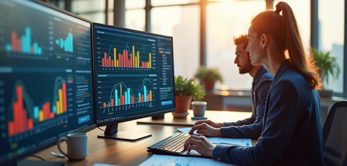 Espace de travail moderne avec deux collègues analysant des graphiques colorés