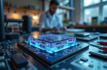 Capteur digital futuriste sur un plan de travail avec circuits
