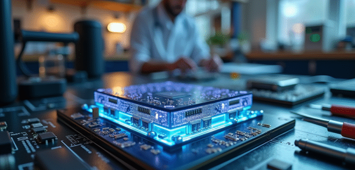 Capteur digital futuriste sur un plan de travail avec circuits