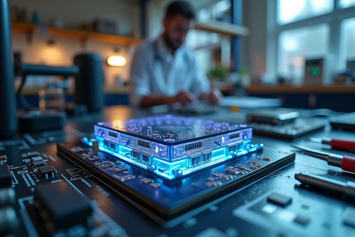 Capteur digital futuriste sur un plan de travail avec circuits