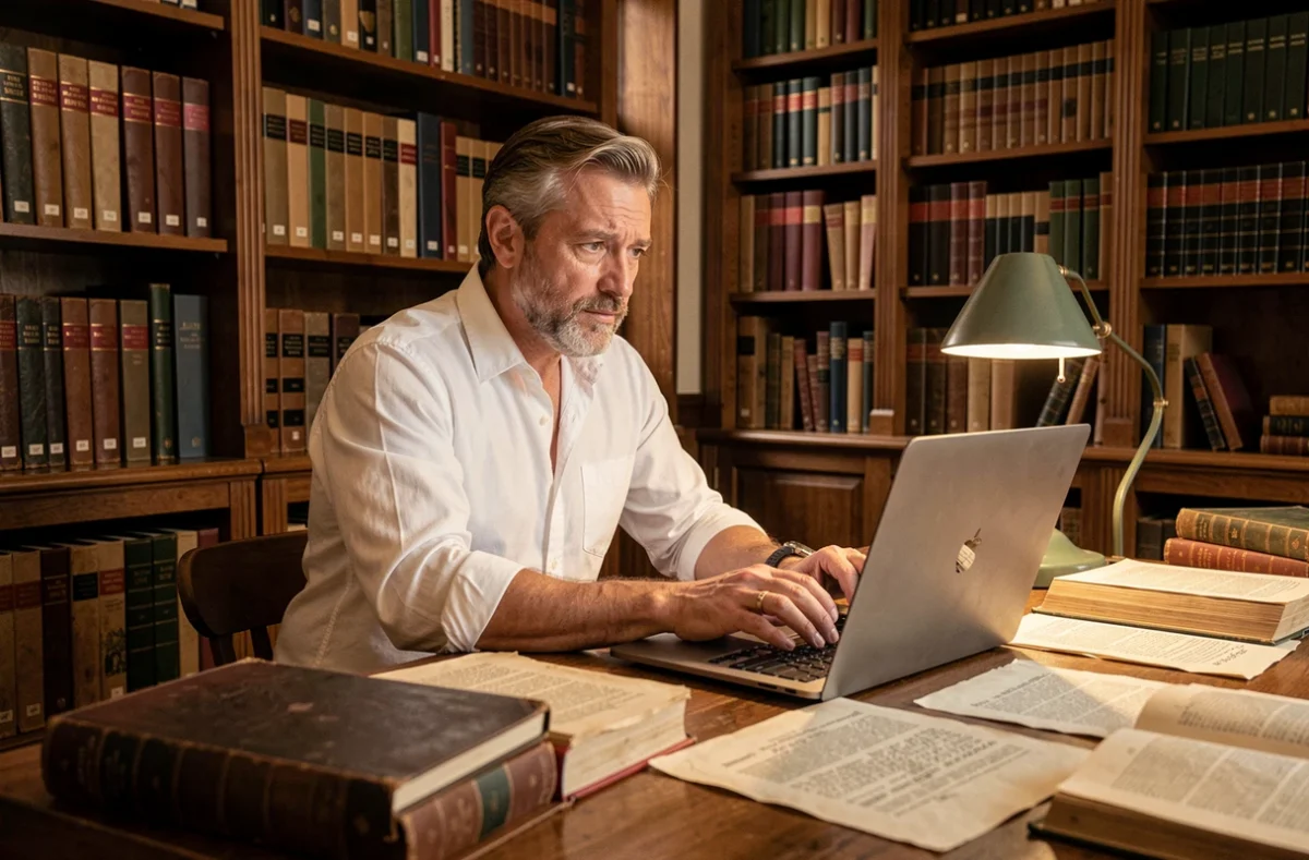 Homme chercheur consultant des archives historiques et un ordinateur pour calculer des écarts de dates antérieures à 1900 dans Excel