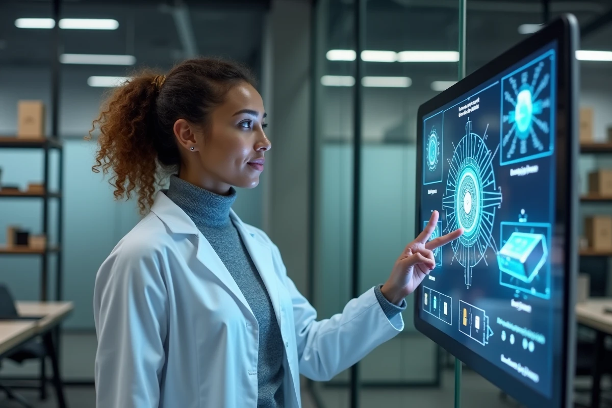 Chercheuse analysant une interface de réseau de capteurs IoT dans un bureau technologique moderne