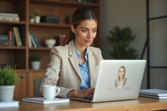 Coach professionnelle consultant son site internet sur un ordinateur portable dans un bureau moderne et organisé