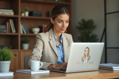 Coach professionnelle consultant son site internet sur un ordinateur portable dans un bureau moderne et organisé