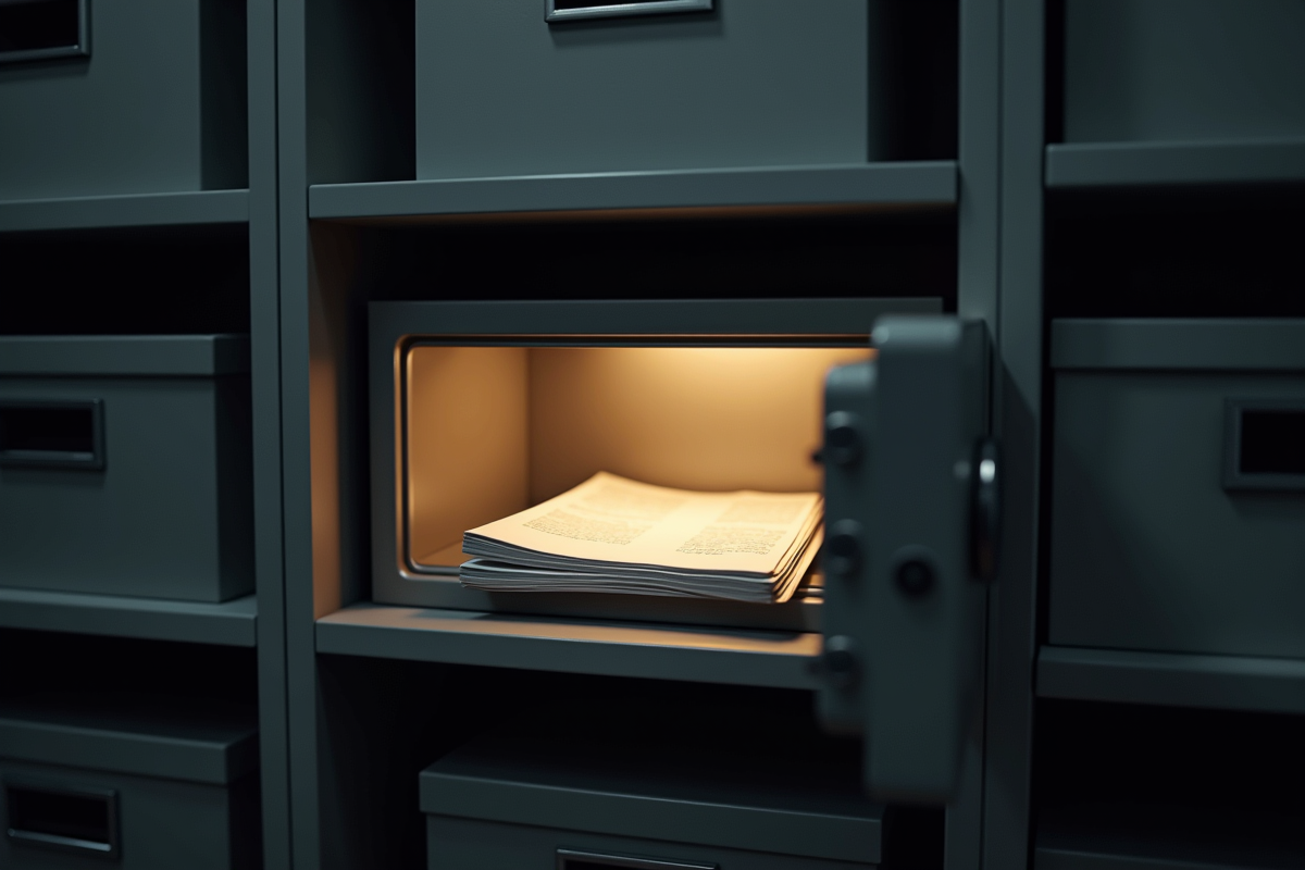 Coffre-fort dans un placard avec documents protégés et rangements