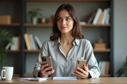 Femme comparant l'iPhone 15 et l'iPhone 15 Pro côte à côte dans un bureau moderne