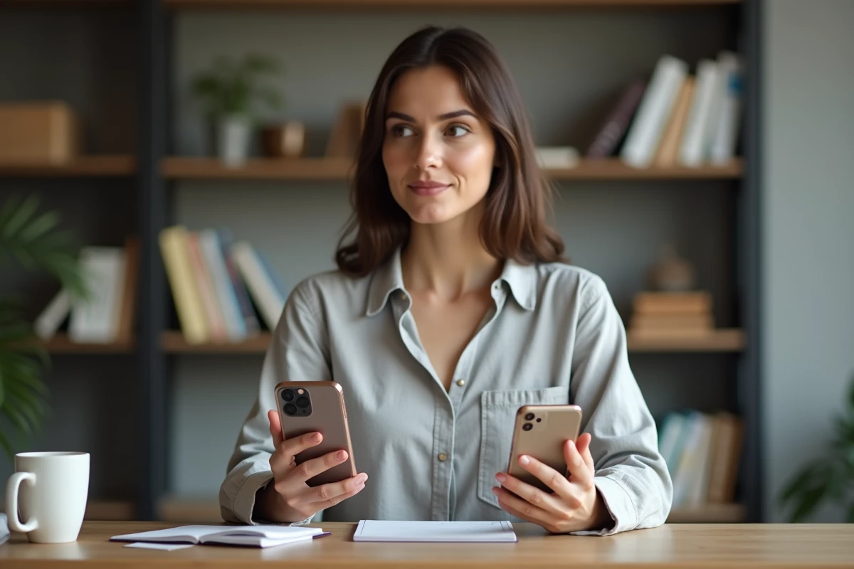 Femme comparant l'iPhone 15 et l'iPhone 15 Pro côte à côte dans un bureau moderne