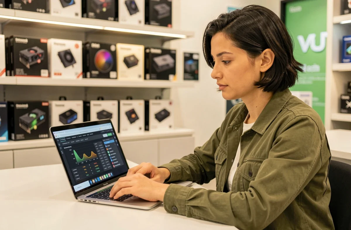 Femme comparant les performances de cartes graphiques RTX sur un ordinateur portable dans un magasin informatique