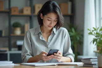 Femme comparant un Samsung Galaxy et un iPhone dans un bureau moderne, illustrant le choix entre Android et iOS