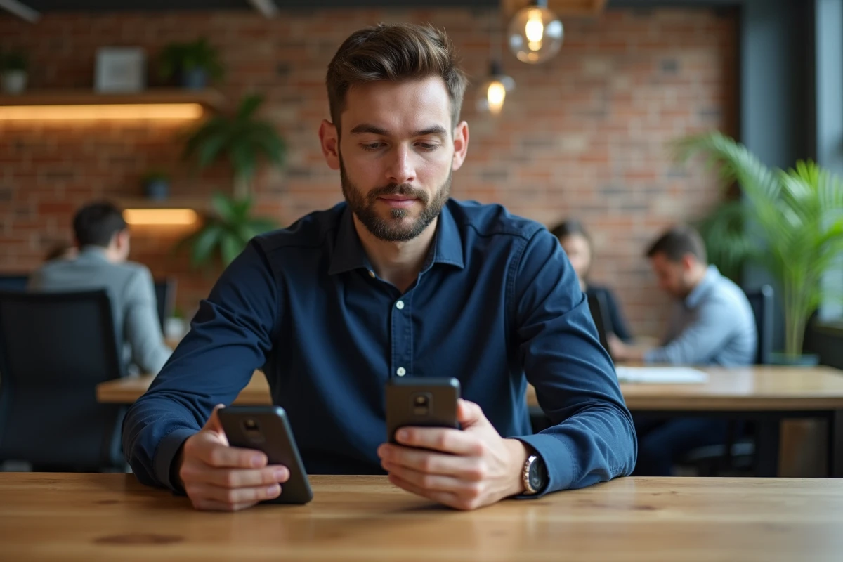 Homme comparant deux smartphones milieu de gamme sur un bureau en bois dans un espace de coworking moderne