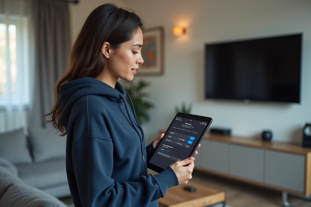 Femme consultant les paramètres Freebox OS sur une tablette dans son salon, configuration réseau Wi-Fi