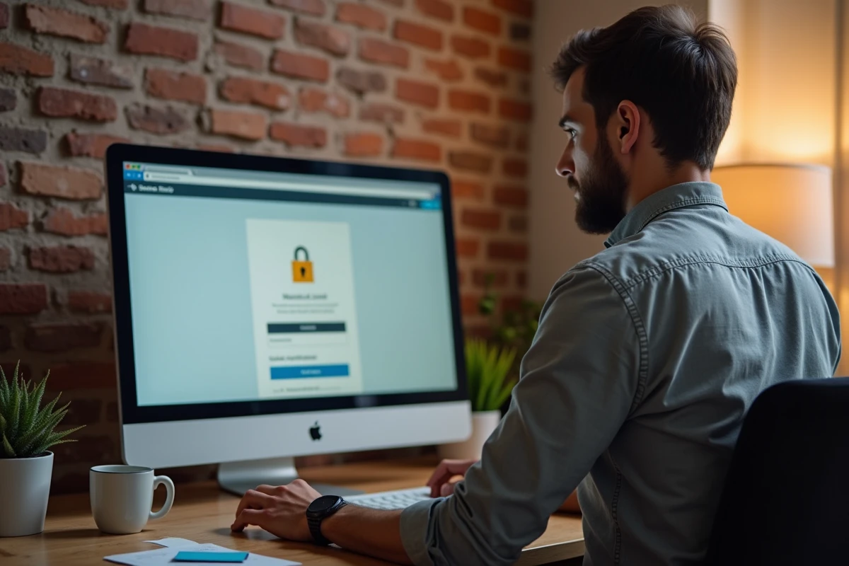 Homme en télétravail vérifiant la sécurité de sa messagerie professionnelle sur ordinateur de bureau dans un home office avec mur en brique