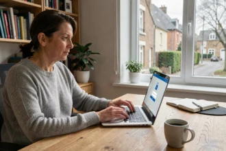 Femme travaillant à domicile connectée à l'intranet de Caen depuis son bureau à la maison en toute sécurité