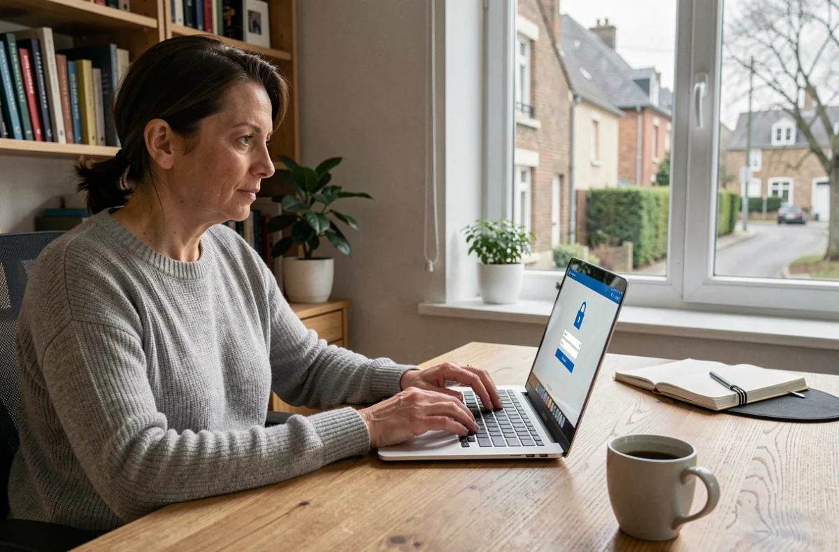 Femme travaillant à domicile connectée à l'intranet de Caen depuis son bureau à la maison en toute sécurité
