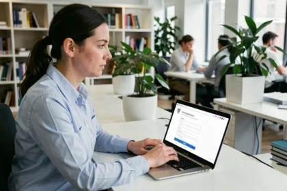 Chercheuse se connectant au portail d'authentification INRAE sur son ordinateur portable dans un bureau académique moderne