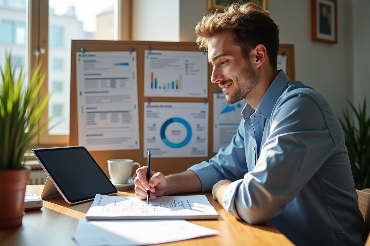 Jeune homme esquissant une architecture web dans un espace lumineux