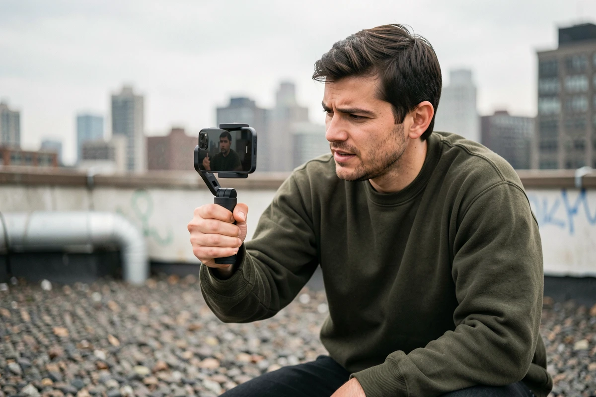 Créateur de contenu filmant une vidéo en extérieur sur toiture urbaine avec un iPhone et un gimbal stabilisateur