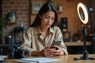 Créatrice de contenu analysant des vidéos sur un iPhone 16 Pro dans un studio home office moderne