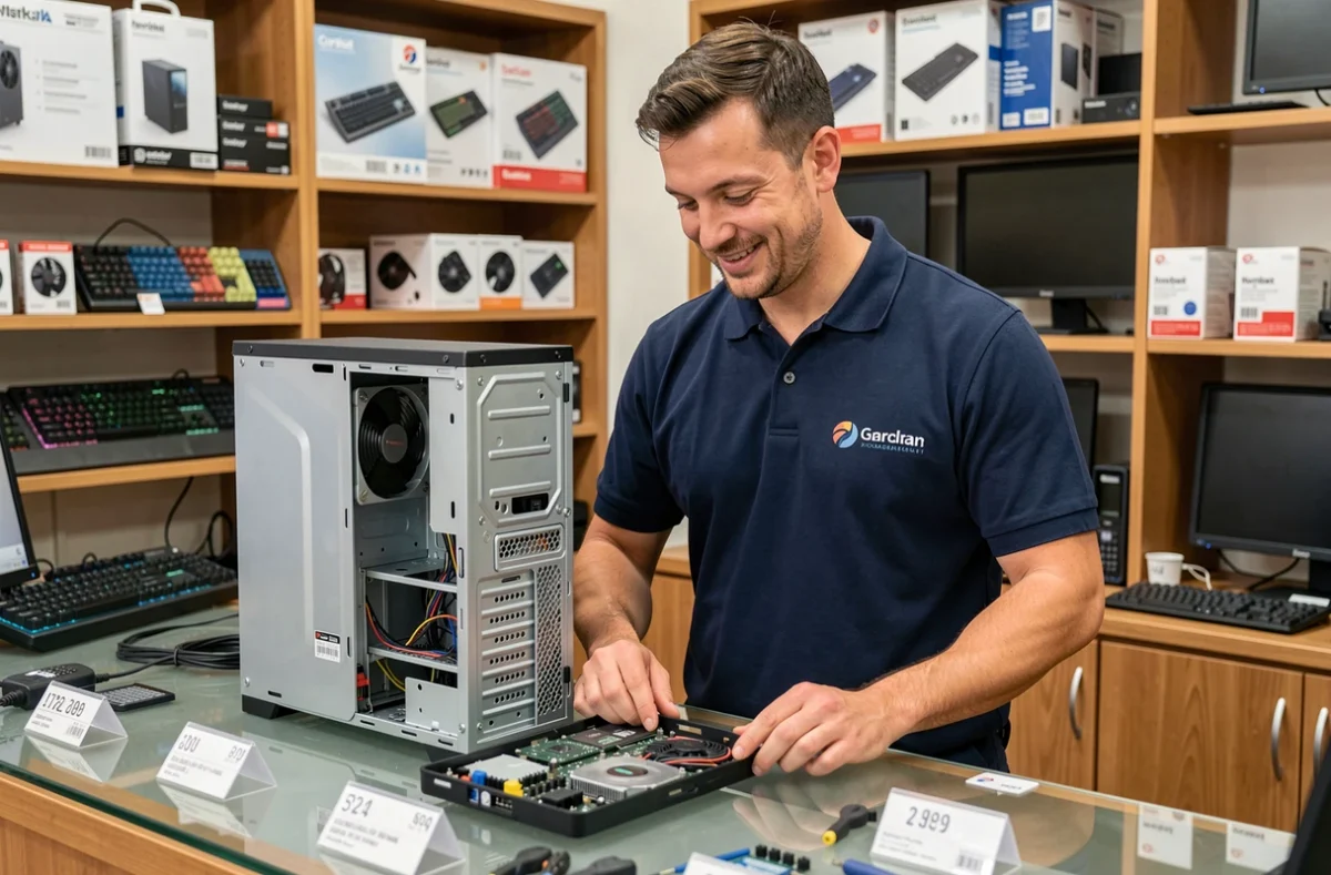 Technicien de D.Clic Informatique examinant un ordinateur de bureau dans sa boutique avec des équipements informatiques en vente