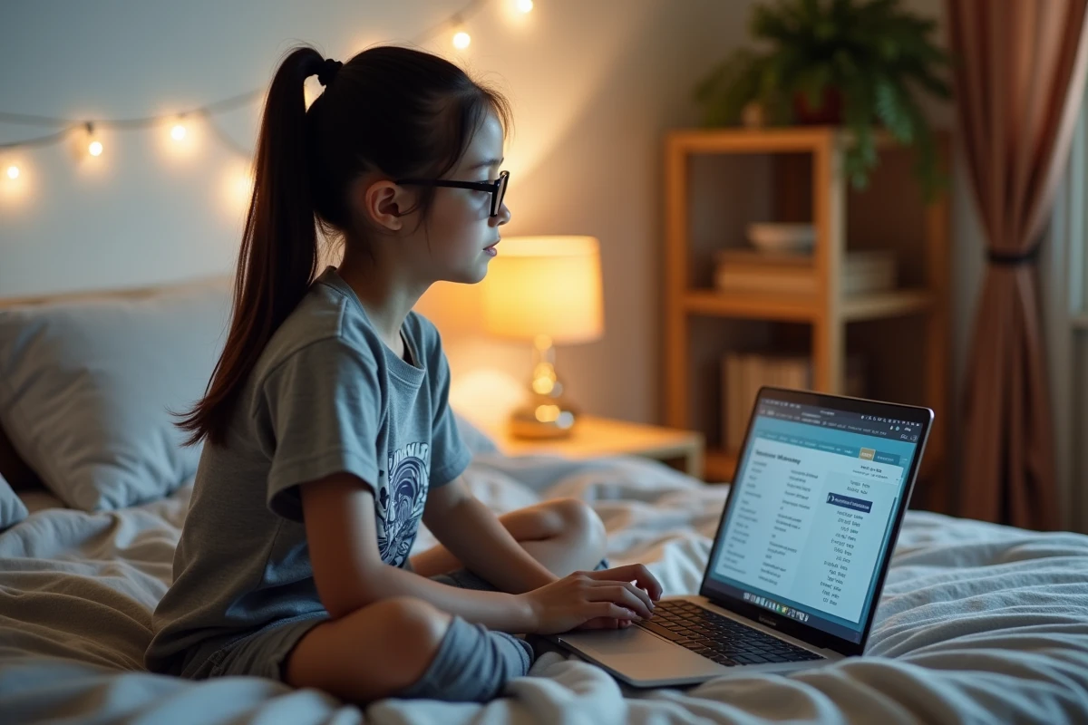 Adolescente débutante apprenant les techniques de clic compétitif sur un tutoriel en ligne depuis sa chambre