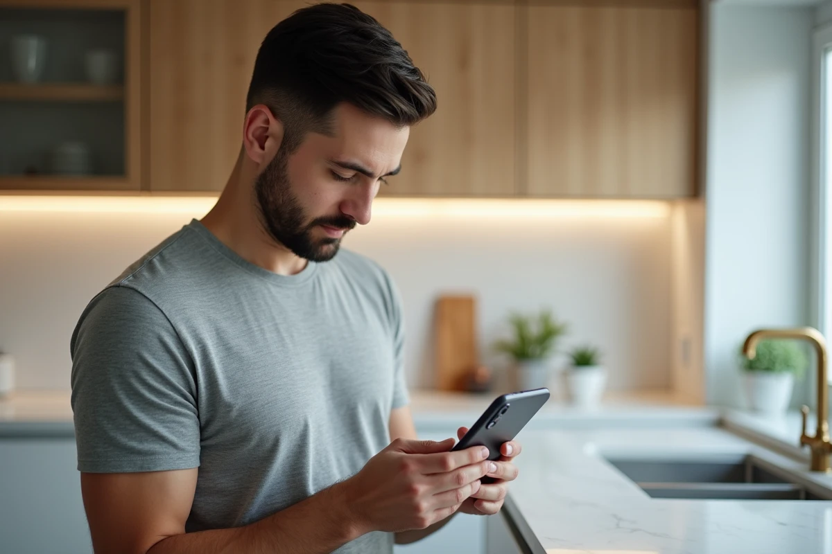 Homme désactivant Apple Localise sur son iPhone dans une cuisine moderne avant une vente