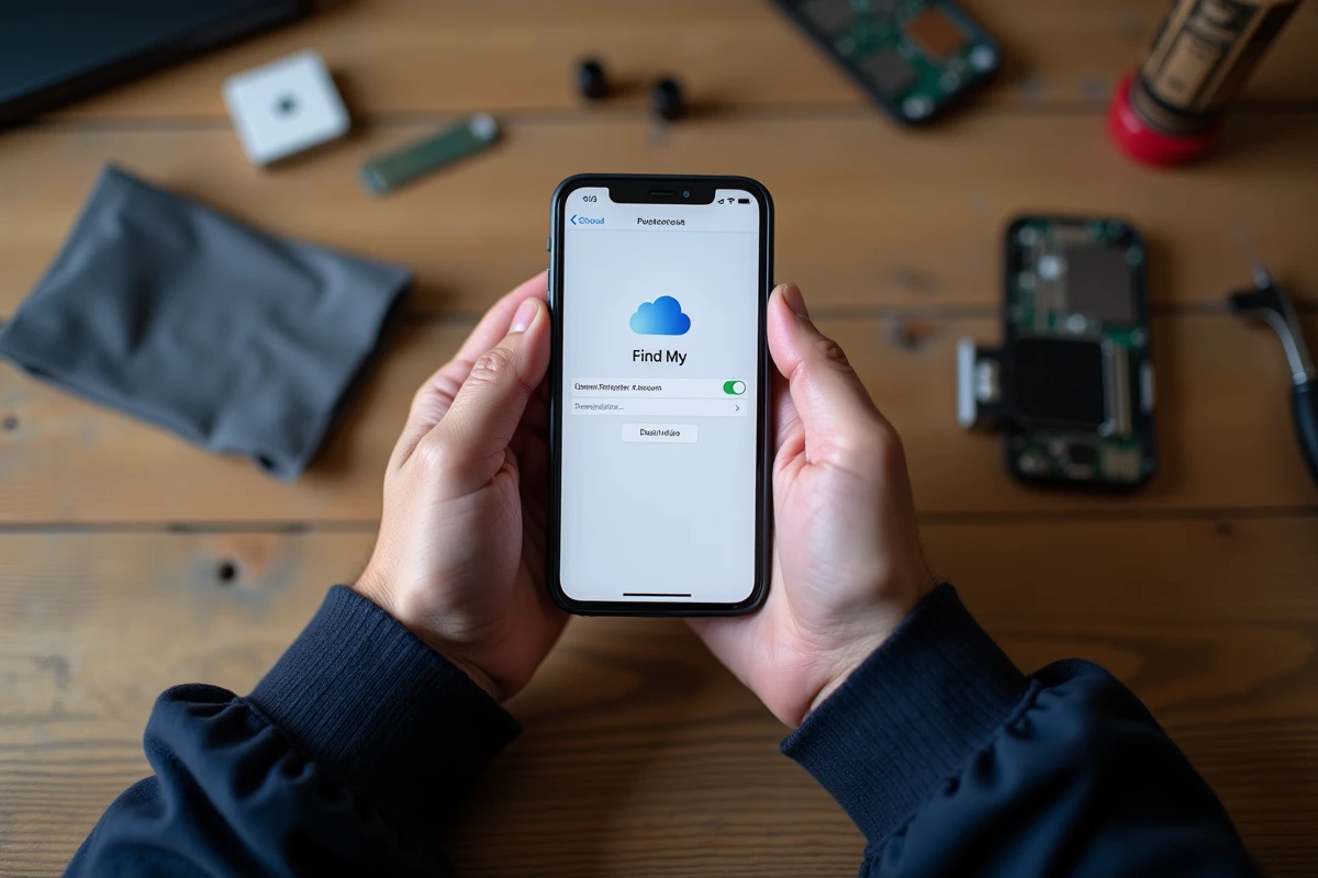 Mains tenant un iPhone affichant les paramètres iCloud pour désactiver Localiser avant une réparation