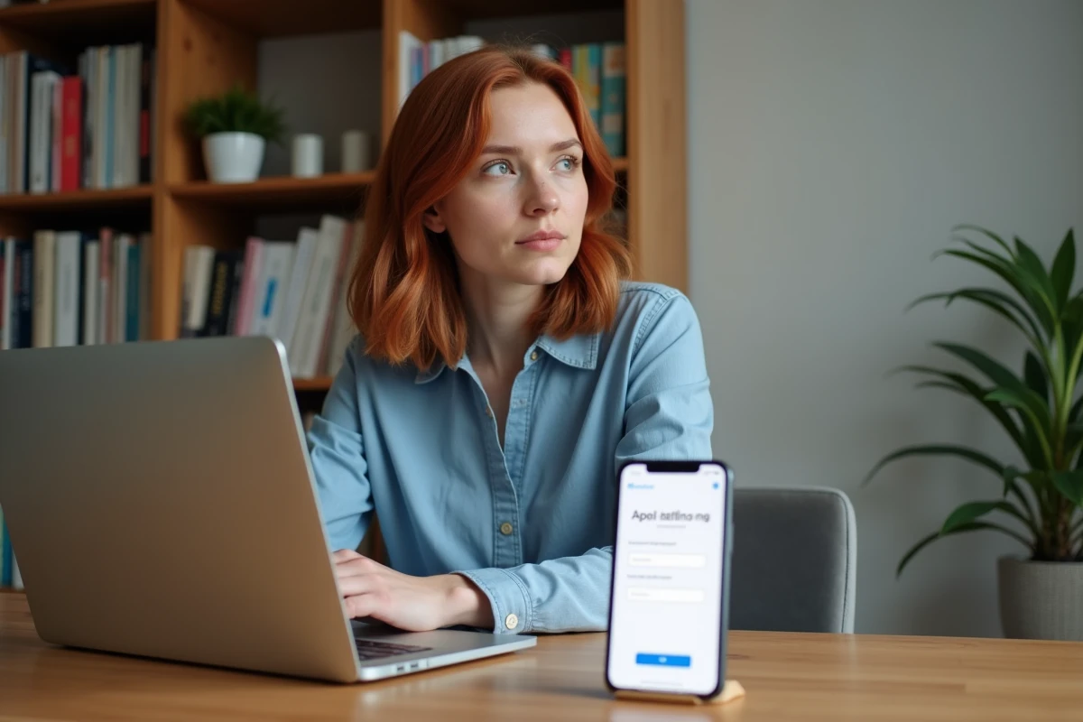 Femme désactivant Localiser mon iPhone sur MacBook et iPhone dans un bureau à domicile