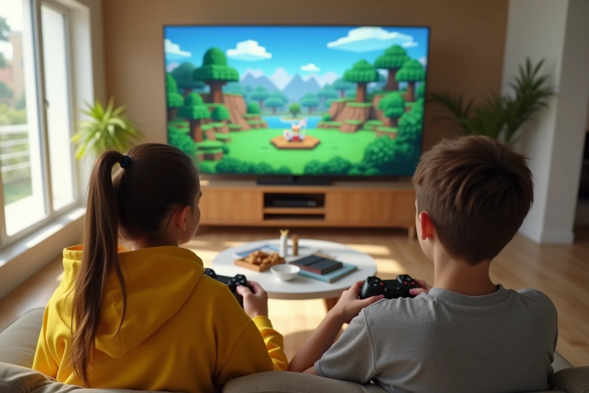 Deux adolescents jouant ensemble à la ligue Pokémon sur un mod Minecraft dans le salon