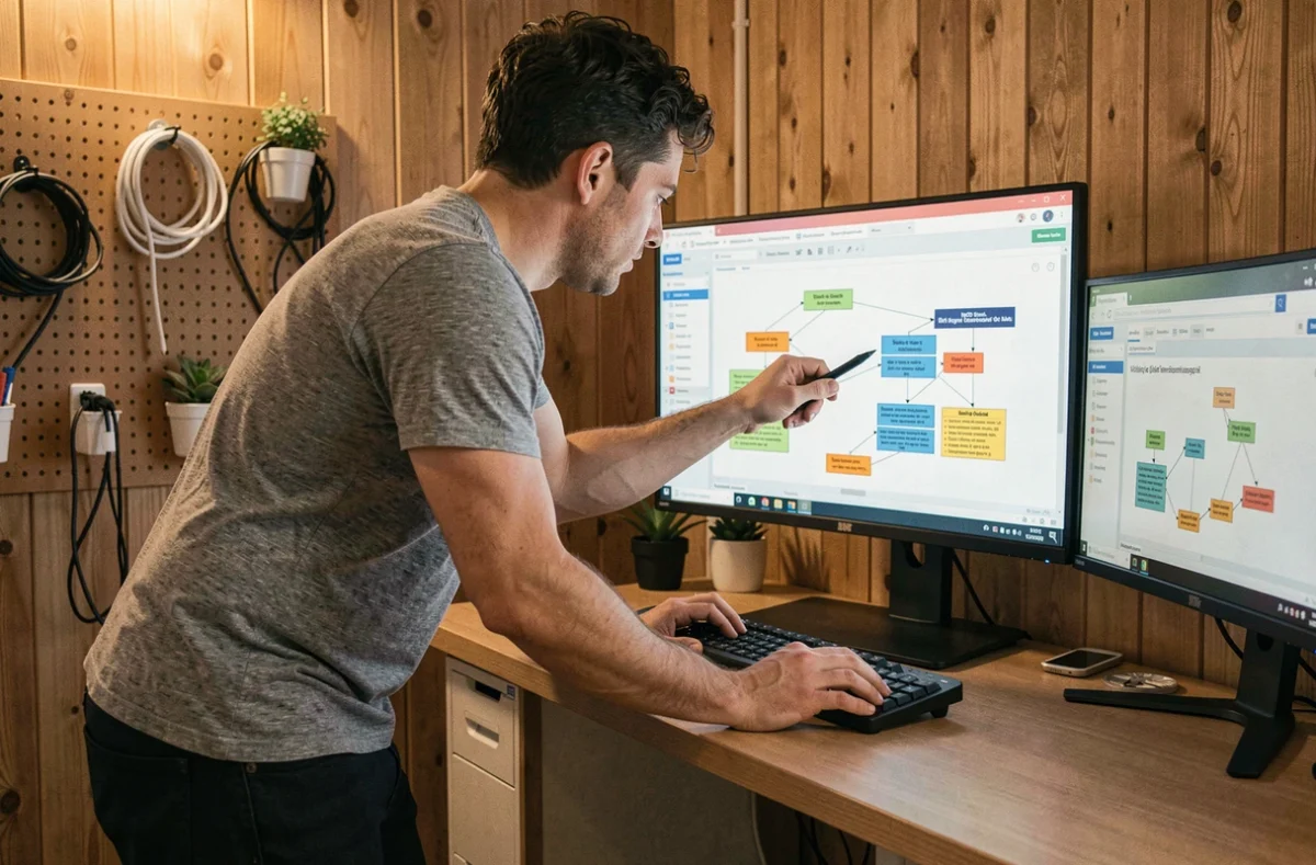 Développeur web travaillant sur un logiciel de modélisation MCD avec schéma entité-association sur grand écran