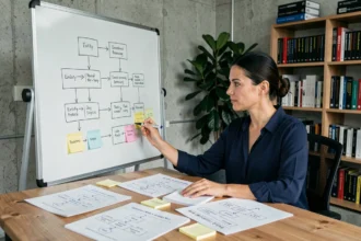 Développeuse web créant un diagramme MCD sur tableau blanc dans un bureau moderne avec schémas de base de données