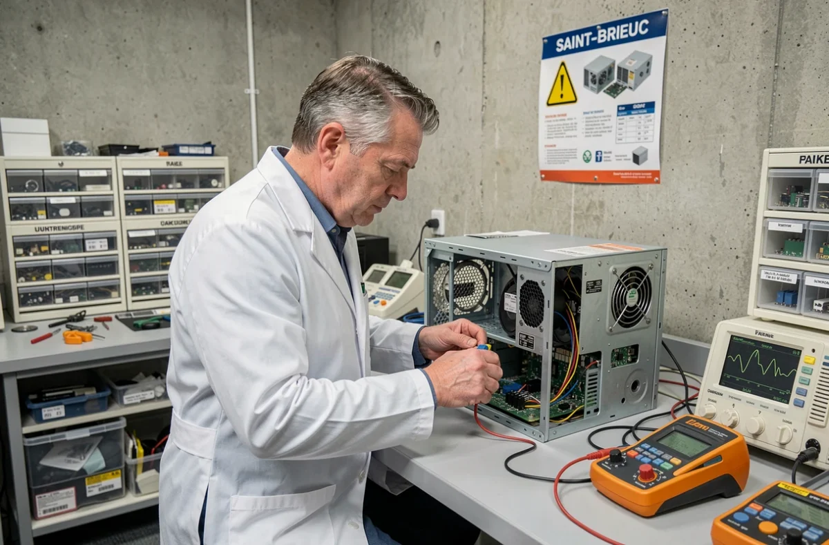 Technicien de DRD Electronic testant une alimentation d'ordinateur au multimètre dans l'atelier de réparation électronique à Saint-Brieuc