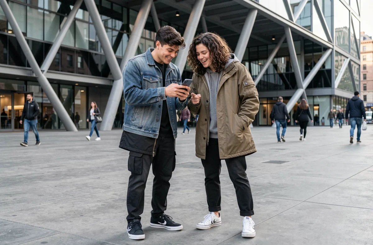 Deux jeunes adultes regardant une vidéo TikTok sur un smartphone à 200 euros en centre-ville